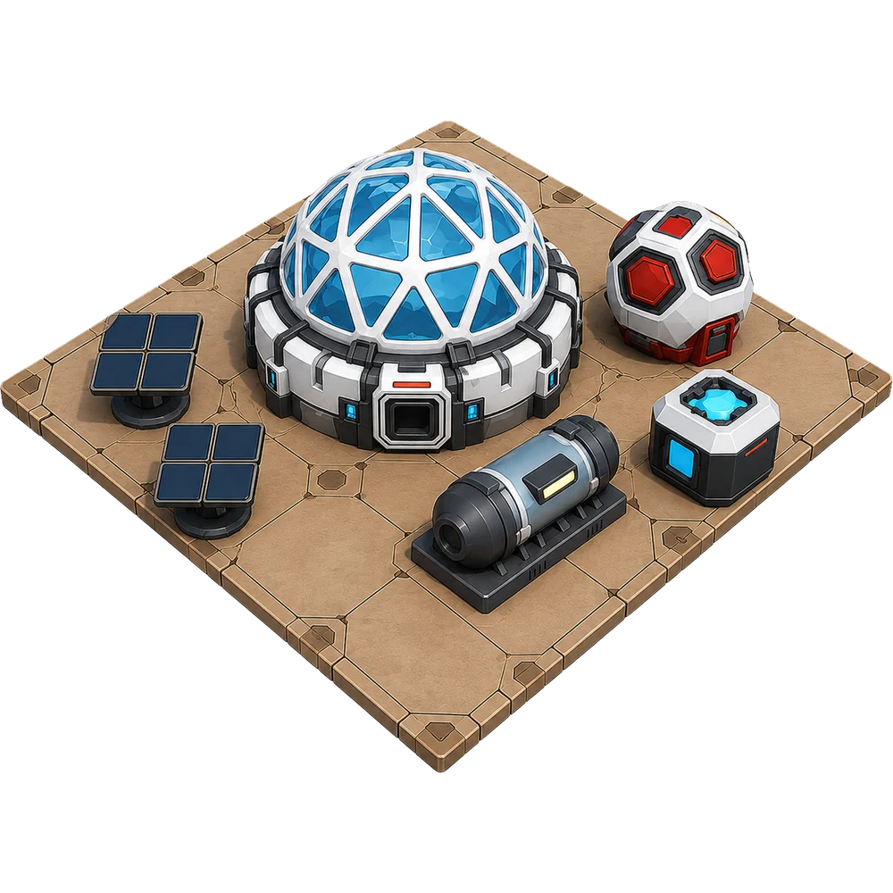 A claimed Marsverse parcel: domed habitat, solar panels and storage tanks on a foundation platform